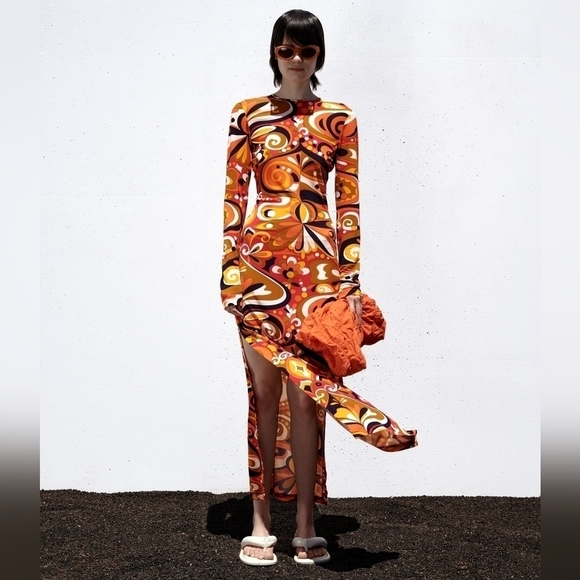 Zara Goovy Multicolored Mod 1970s Style Slit Sides Maxi Dress Long Sleeve Size S - Picture 10 of 16